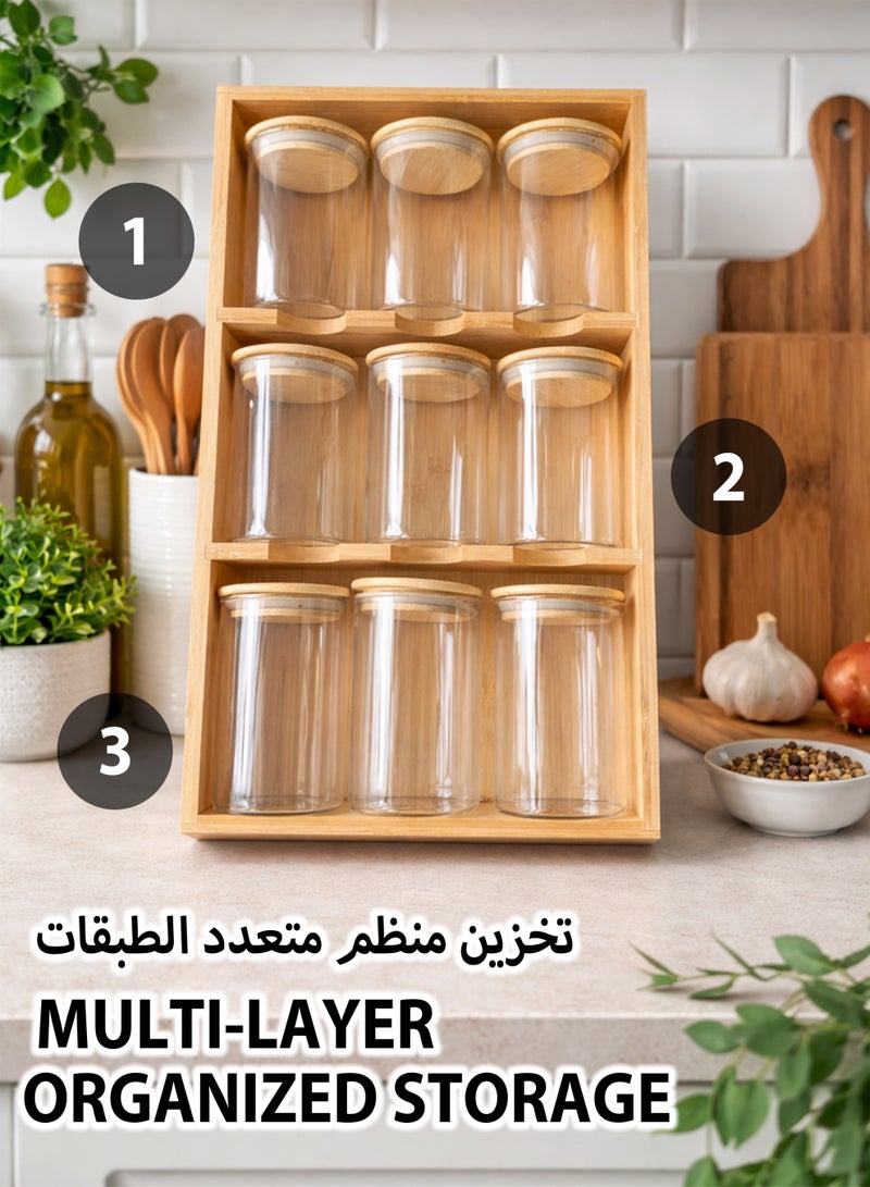 توشيونيكس منظم برطمانات توابل من الخيزران مكون من 9 قطع مع برطمانات زجاجية من البوروسيليكات - رف تخزين مطبخ قابل للطي مع أغطية محكمة الإغلاق للتوابل والأعشاب والبهارات - Image 5